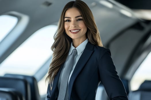 A confident woman in a business suit smiles inside a modern aircraft. photo