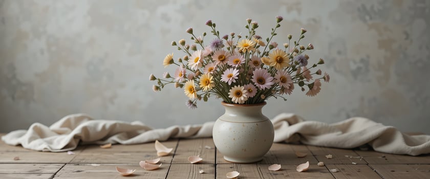 Desaturated Still Life with Wildflowers in Aged Ceramic Vase photo