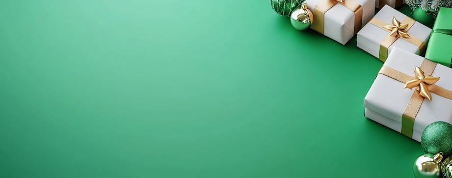Green christmas background with presents and christmas decorations photo
