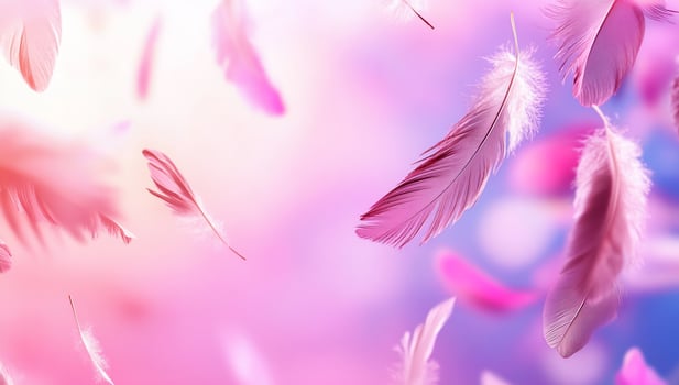 Feathers flying in the air on a pink and blue background photo