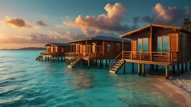Wooden bungalows are surrounded by turquoise waters, while the sun sets in a fiery display of colors. photo