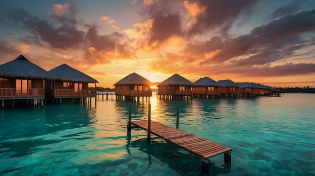 Wooden bungalows nestled in turquoise waters as the sun sets in a burst of fiery colors. photo