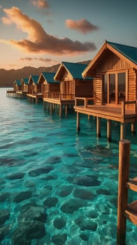 The sun sets in brilliant hues, casting a fiery gradient over turquoise waters that surround wooden bungalows. photo