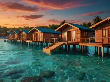 The sun sets in a blaze of colors, casting a fiery gradient over the turquoise waters surrounding wooden bungalows. photo