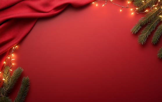 A festive arrangement with red fabric, lights, and evergreen branches. photo
