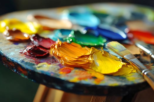Oil paints and brushes are lying on the palette, creating a colorful artwork photo
