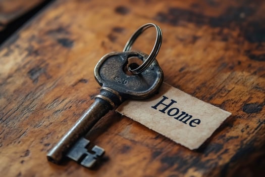 Old key with home tag lying on wooden table is representing sweet home photo