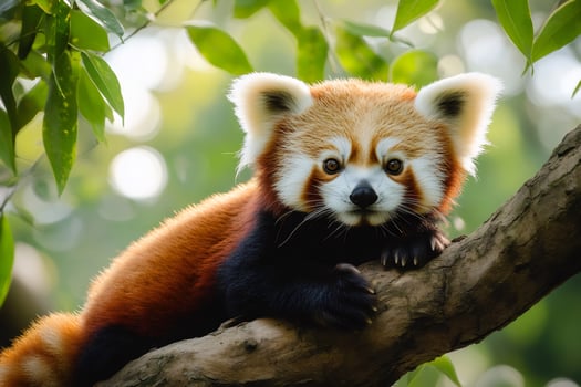 Firefox, or red panda, lying on a tree branch looking at viewer photo