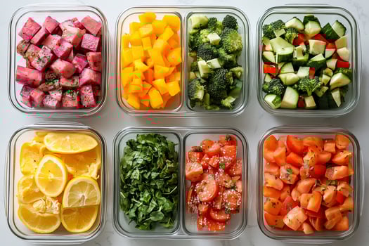 Healthy meal prepping containers filled with various chopped vegetables, fruits and herbs photo