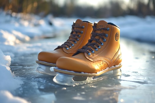 Leather ice skates standing on a frozen lake on a sunny winter day photo