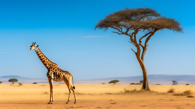 Majestic giraffe in the african savanna wildlife photography nature landscape bright daylight solitary stature photo