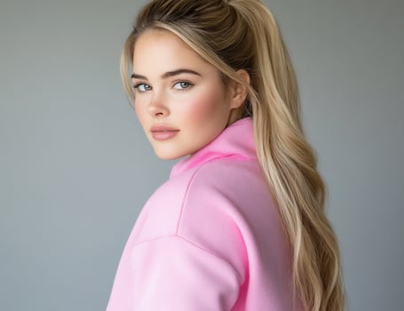A young woman poses in a pink sweatshirt, showcasing a stylish look. photo