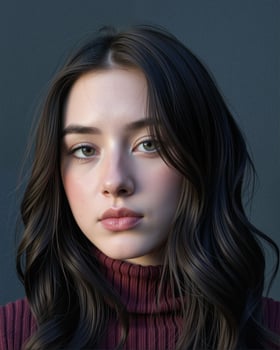 Young Woman with Long Dark Hair and Intense Green Eyes photo