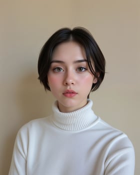 Natural Portrait of Young Woman with Short Hair and Turtleneck Sweater photo