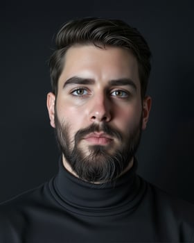 Close-Up Portrait of a Young Man with Beard Against Black Background photo