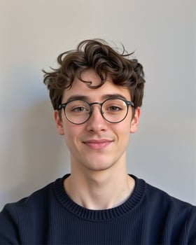 Young Man with Glasses Smiling Against Neutral Background photo