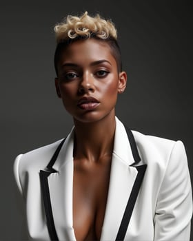 Confident Woman in Stylish Suit with Short Curly Hair and Natural Makeup photo