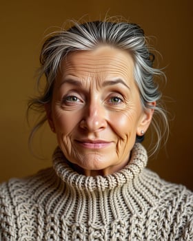 Portrait of a Smiling Elderly Woman in a Cozy Sweater photo