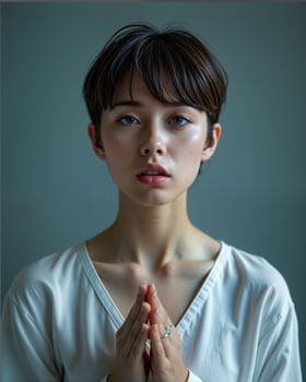 Portrait of a Young Woman with Short Hair in a Serene Pose photo