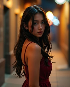 Young Woman with Long Hair in a Red Dress in Urban Alleyway photo