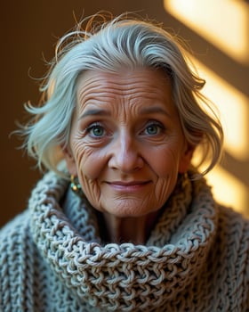 Portrait of a Smiling Elderly Woman with Gray Hair and Knitted Sweater photo