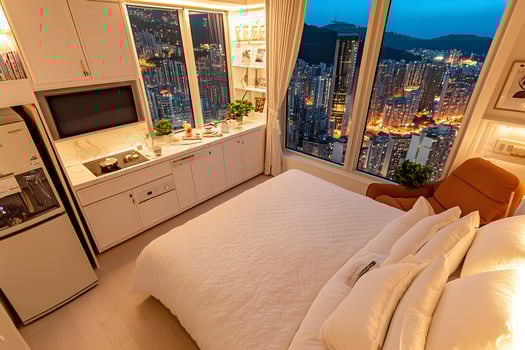 A modern and stylish hotel bedroom with large windows offering a stunning view of the city skyline, creating a luxurious and inviting atmosphere. photo