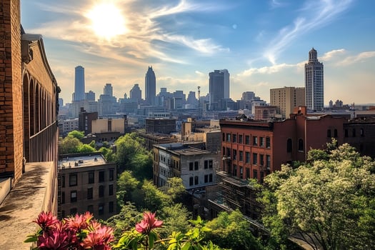 A breathtaking view of the New York City skyline with towering skyscrapers at sunset, capturing the golden glow and vibrant colors of the city at dusk. photo
