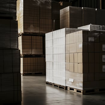 Large boxes stacked on pallets in industrial warehouse, showcasing organized storage and efficient logistics photo