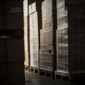 Large boxes stacked on pallets in industrial warehouse, showcasing organized storage and efficient space utilization photo