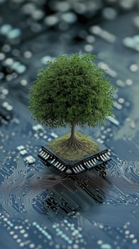 a green tree growing on an electronic circuit board symbolizes nature and technology photo