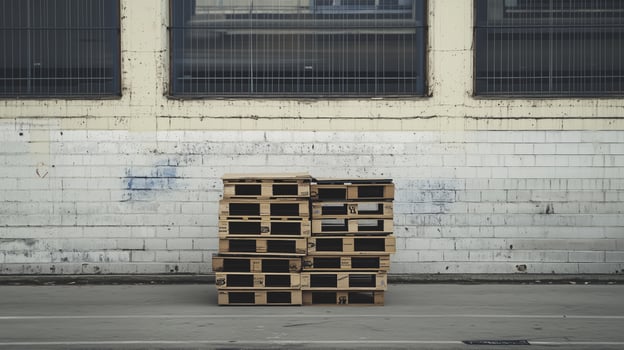 Stack of wooden pallets against textured wall, showcasing industrial storage photo