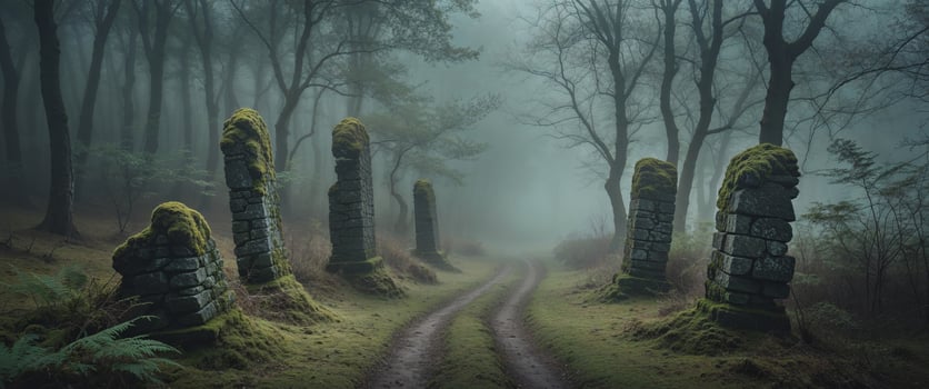 A path through the woods with stone pillars photo