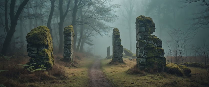 A path through the woods with mossy rocks photo