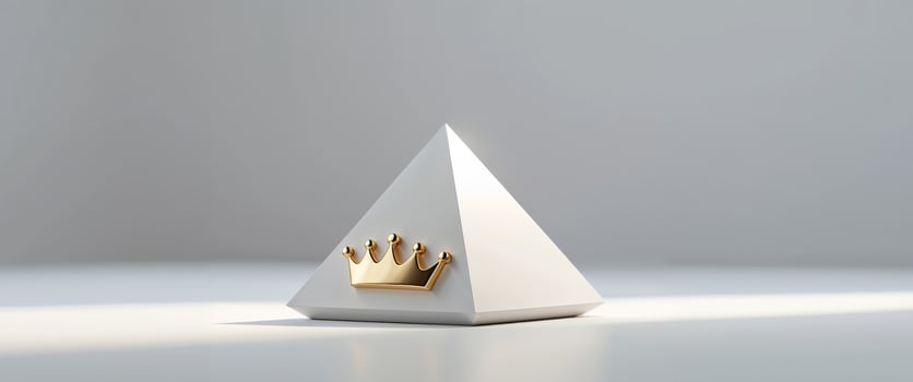 A white pyramid shaped object with a gold crown on top photo