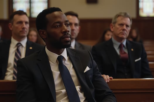 Serious Courtroom Scene Featuring Individuals Engaged in a Lawsuit Hearing photo