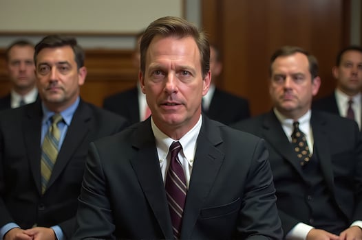 Focused and Determined Defense Attorney in a Compelling Courtroom Scene photo