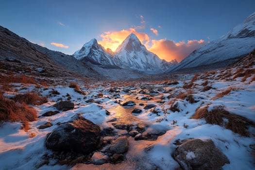 towering snow-capped peaks at sunrise, an ethereal glow upon lavender horizon - captured moments at summits photo