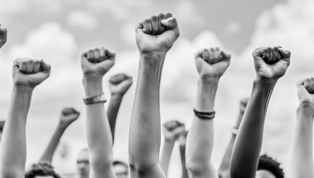 Raised fists symbolize unity and resistance in a peaceful protest. photo
