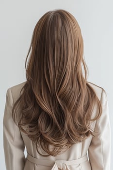 Long, flowing brown hair of a woman with a stylish cream blazer from the back photo
