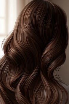 Close-up of luxurious brown wavy hair with shine in soft lighting photo