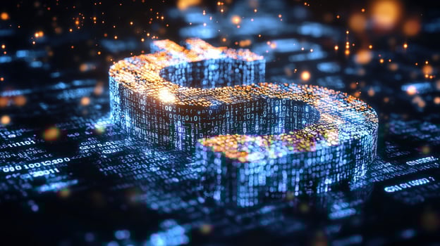 3d illuminated bitcoin symbol on digital background with binary code photo