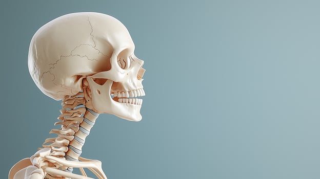 Human skeleton model side view on blue background for educational purposes photo