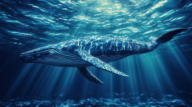 Majestic humpback whale swimming gracefully underwater in sunlit ocean photo