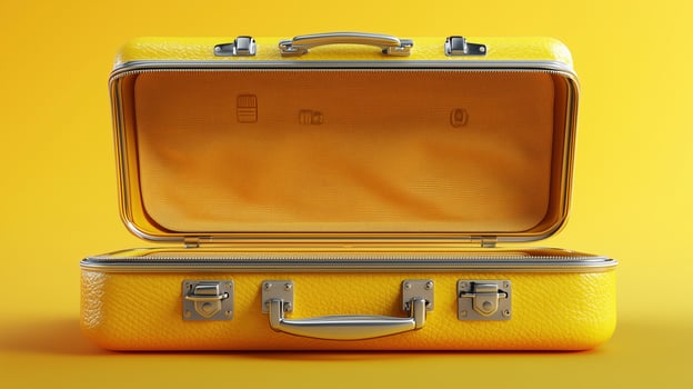 Open yellow suitcase on bright background for travel and packing concepts photo