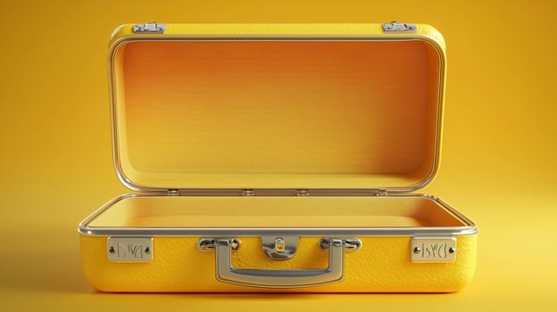 Open yellow suitcase on a bright yellow background for travel or storage photo