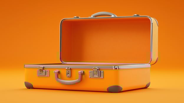 Open orange suitcase on a bright orange background for travel or luggage concepts photo