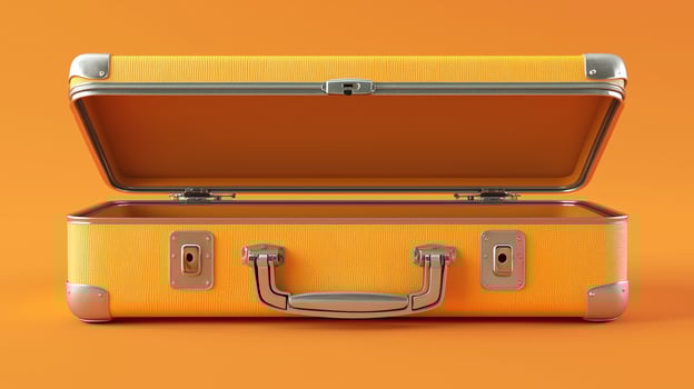 Open orange suitcase on bright background for travel and packing concept photo