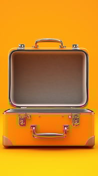 Empty orange suitcase on vibrant yellow background for travel and adventure photo