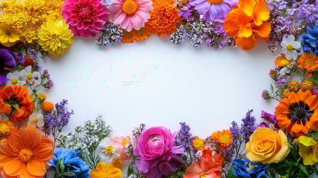 Colorful floral frame with various flowers on a white background photo