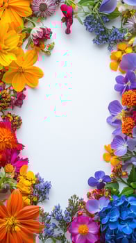 Colorful floral frame with various blooming flowers on white background photo